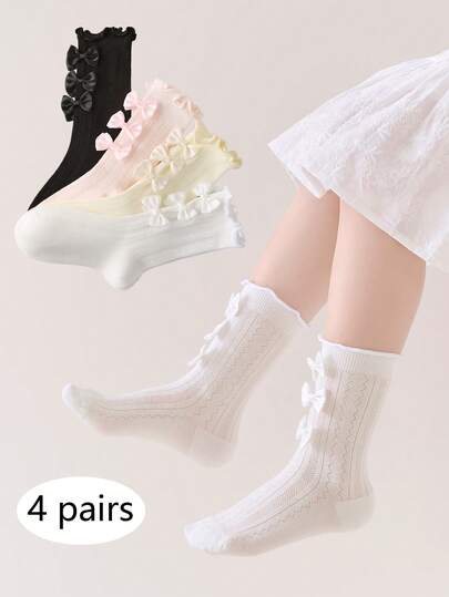 4双装女童透气网眼中筒袜，甜美蝴蝶结公主洛丽塔荷叶边装饰休闲学生袜，春夏款