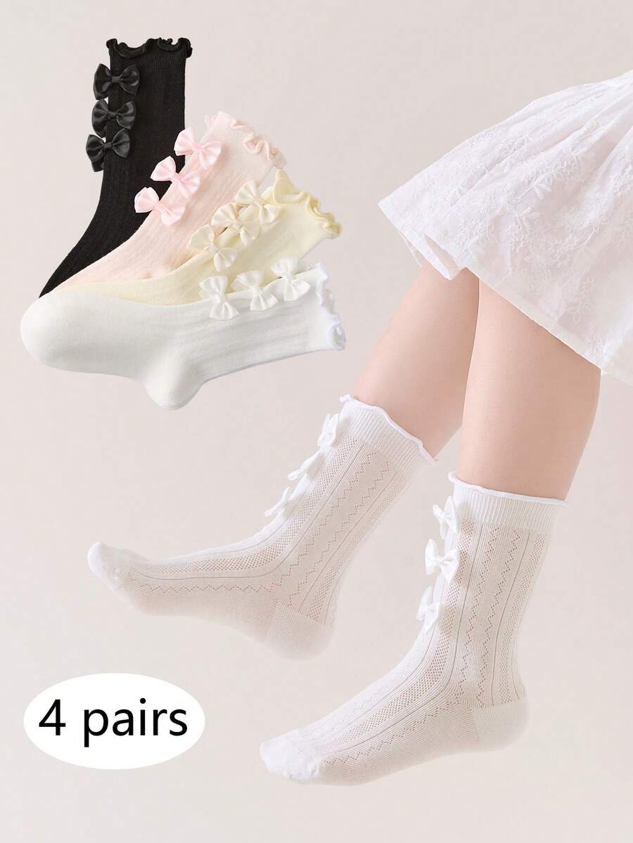 4双装女童透气网眼中筒袜，甜美蝴蝶结公主洛丽塔荷叶边装饰休闲学生袜，春夏款 - 彩色 - 查看 1