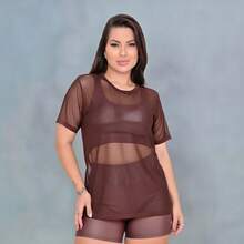 Kit 3 Camisetas de Tule Feminina – Kit 3 Camisetas Femininas para Academia – Tule Respirável e Confortável - Kit 3 Blusas de Tule para Academia - Nude Marrom Azul - Visão 5