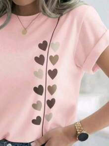 Delicate Women's Shirt With Heart Print, 100% Cotton. Fashionable Summer T-Shirt For All Occasions, Lightweight And Comfortable Fabric. - 淺粉色 - 查看 2