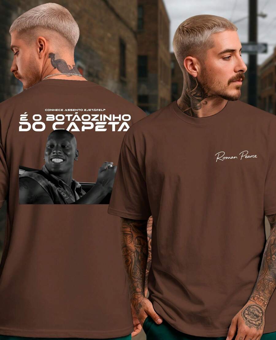 Camiseta Zueira Roman Pearce Botaozinho do Cap Velozes e Furiosos Engraçada Carros Corrida Esportivo Meme - Marrom - Visão 1
