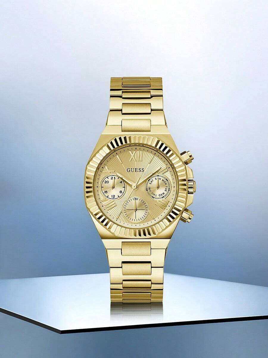 Guess 双色金银女士腕表，优雅不锈钢商务腕表，经典凸面白色旭日纹表盘多功能石英表，时尚专业风格配饰，优质金属表带，周年纪念/生日礼物 GW0769L2 - 銀色 - 查看 1