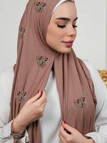 1 pieza Elegante pañuelo de hijab rectangular de jersey elástico con rayas y adornos de strass - Multicolor - Ver 3