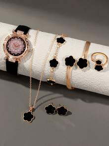 7件套多功能黑色星空石英数字手表套装，搭配幸运花项链、手链、戒指、耳环和珠宝配饰，是情人节和复活节送给女性的理想礼物。 - 黑色 - 查看 13