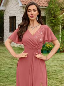 MIUSOL V-Neck Sequin Floral Lace Patchwork Chiffon Ruffle Sleeve Side Slit Maxi Evening Party Dress Spring Wedding - Dusty Pink - View 8