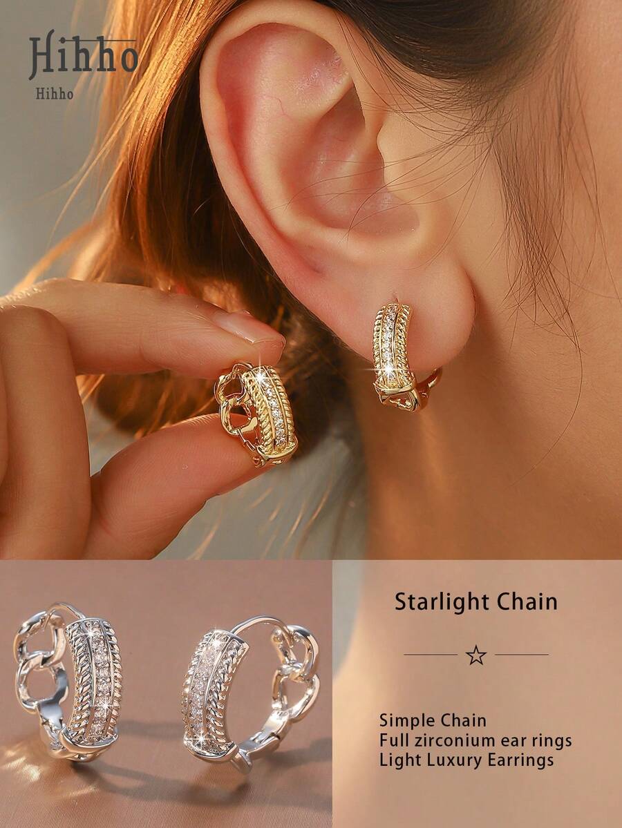 Hihho 1 Pair Cubic Zirconia Chain Hoop Earrings, Luxury Earrings With Sparkling Diamonds, Like Starlight Connecting On Your Ears. Suitable For Bridesmaid Dresses, Gentle Yet Elegant. - Starlink - View 1