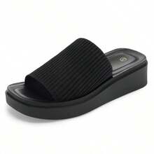 Women's Chunky Platform Sandals Slip On – Open Toe Knit Flatform Slides Comfortable Summer Casual Shoes - 黑色 - 查看 2