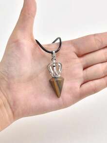 1pc Minimalist Stainless Steel Crown & Natural Tiger Eye Stone Pendant Necklace For Men, Father's Day Gift - Silver - View 4