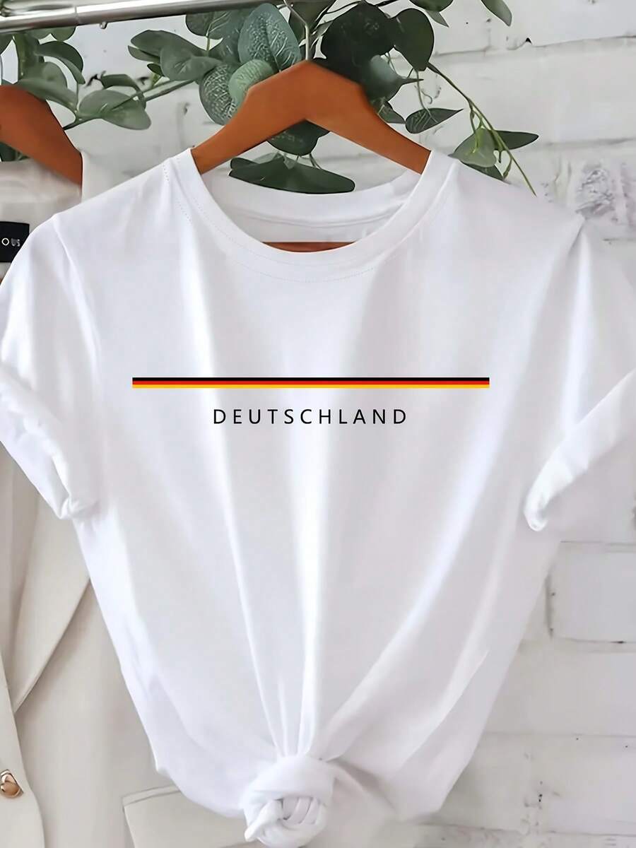 1pc Women'S Germany Flag Letter Print T-Shirt, Polyester 95% Elastane 5% Knit Fabric, Casual Crew Neck Short Sleeve Top For All Seasons - Trắng 1 - Xem 1