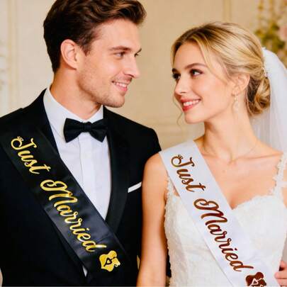 Bộ 1 hoặc 2 chiếc khăn choàng cô dâu và chú rể "Just Married" lấp lánh vàng dành cho tiệc độc thân, trang trí tiệc cưới, quà tặng đính hôn (Đen, Trắng)