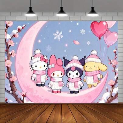  1pc Sanrio Theme 2D Print Pink Moon Background Curtain | Featuring Cute Hello Kitty, My Melody, Kuromi, And Pudding Dog, Polyester Fabric, Decorative Atmosphere, No Tools Required