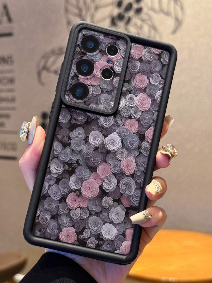 1pc Full Back Rose Flower Pattern Printed Phone Case, Precise Camera Cutout, Anti-Drop Thick Black Phone Cover Compatible With Android Galaxy A55/A15, Galaxy S21, S22, S23 FE, S24 Plus, S25 Ultra, /, SMART 8 Pro, Honor, One Plus - Black - View 1