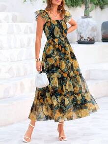 Women's Summer Mid-Length Dress Casual Sleeveless Pleats Ruffled Tulle Flowing New Year Party Wedding Guest Sundress - 黑底黃花色 - 查看 3