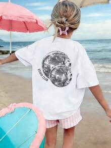 Casual Printed Round Neck Short Sleeve T-Shirt, Shiny, Refreshing, Colorful, Bringing Happiness To Girls And Children! Girl's Clothing, Girls' Graphic Tee, Summer Top, Girl's Apparel - White - View 1