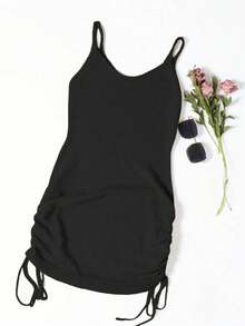 Summer Casual Solid Color Sleeveless Knit Dress - Black - View 3