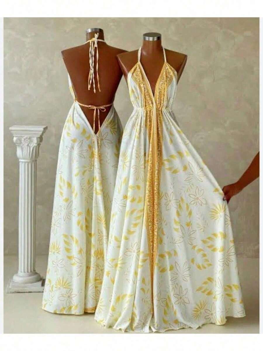 Elegant White Long Dress For Women, Long Silk Print. - 亮白色 - 查看 1