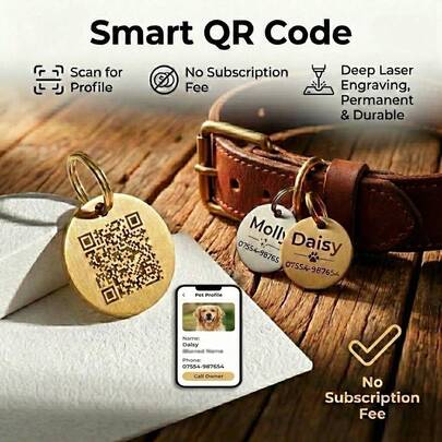 Personalized Smart QR Code Pet ID Tag - Heavy Duty 2mm Solid Brass &Copper Dog Tag With Lost Pet Recovery Digital Profile - No Subscription Fee - Laser Engraved Custom Tag