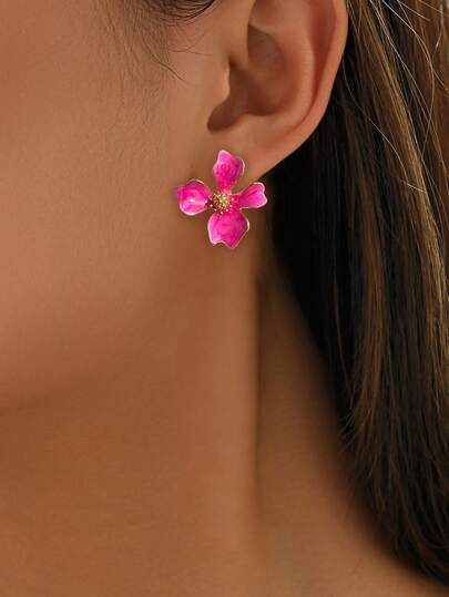 1 par de pendientes de botón con flor de esmalte fucsia minimalista y versátil, pendientes florales metálicos con un elegante estilo, adecuados para el trayecto de las mujeres en primavera/verano