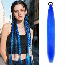 Extensiones de cabello morado de 24 pulgadas con banda elástica, cabello sintético trenzado liso para peinados de trenzas y coletas DIY - Multicolor - Ver 11