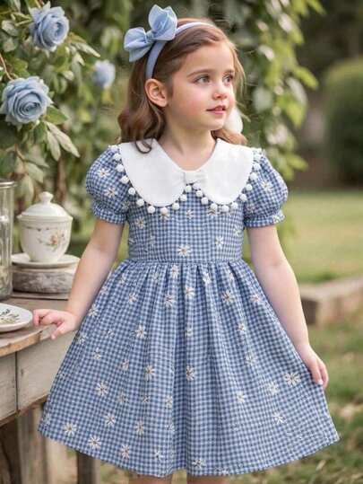 Toddler Girls' Cute Floral & Plaid Print Dress, Ruffled Collar Puff Sleeve Floral Dress, Spring/Summer Pastoral Style Children's Clothing, Sweet Plaid + Small Daisy Floral, Vintage And Stylish, Puff Sleeve Design Flatters The Arms, Suitable For Spring/Summer Photography, Outings, Parties And Other Occasions, Easily Create A Pastoral Style For Young Girl