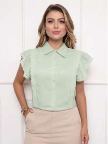 ALETHEIA - WOMEN'S SHIRT/BLOUSE, COTTON AND POLYESTER BLEND, LIGHTWEIGHT, BREATHABLE, ELEGANT, SHORT SLEEVE WITH RUFFLE, LACE, FORMAL, CULTURAL - Green - View 4