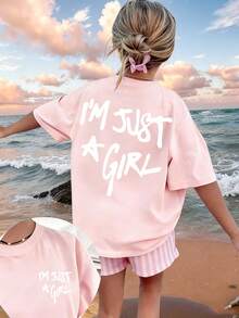 Tween Girl Casual Graphic Print Round Neck Short Sleeve T-Shirt, Summer Top - Pink - View 3