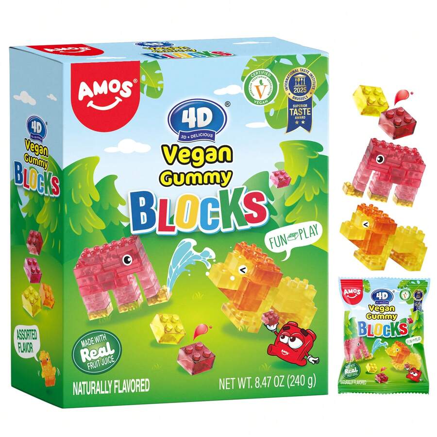 AMOS 4D Vegan Gummy Sweets Blocks Assorted Fruit Flavors 240g Build Edible Blocks Gummy Candy - 水果 - 查看 1