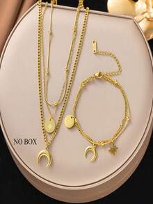 2件套金色不锈钢链条镶嵌立方氧化锆花朵OT扣项链，创意个性化设计，法式复古时尚简约休闲风，男女皆宜，适合日常、假日、派对等场合。 - 金黃色 - 查看 1