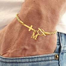 1 pieza Pulsera de cadena de acero inoxidable dorado con broche de palanca con cruz clásica simple para hombres - Amarillo Oro - Ver 1