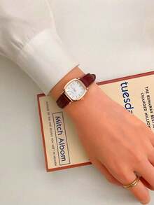 1件女士棕色PU皮表带时尚条形刻度表盘休闲简约石英表，适合日常佩戴 - 棕色 - 查看 3