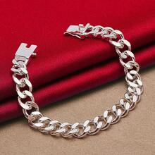 925纯银镀层10毫米方形扣侧链手链，女士婚礼订婚派对首饰 - 銀色 - 查看 5