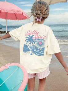 1件女童休闲印花圆领短袖T恤，夏季学生青少年服装 - 波浪、棕榈树、太阳印花T恤，为每个孩子带来欢乐和幸福！Saltu Soul - 杏色 - 查看 2