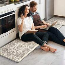 KIMODE Anti Fatigue Kitchen Mats Floor, Boho Floral Kitchen Rugs 17x29.5+17 X47", Cushioned Mats Kitchen Floor, Non Slip Kitchen Floor Mats, Sink, Laundry, Office, Desk Blue Multi E3V1 - 卡其色 - 查看 9