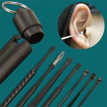 7pcs Ear Cleaning Tool Set, Includes ABS Ear Spoon, Soft Spiral Ear Wax Remover, Ear Wax Cleaning Stick, Innovative Spring-Loaded Ear Wax Cleaning Tool Set, 7pcs Black Stainless Steel Ear Cleaning Tools, Ear Wax Scraper, With Storage Box, Pouch And Organizer Rack. - Black - View 1