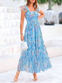 Women's Summer Mid-Length Dress Casual Sleeveless Pleats Ruffled Tulle Flowing New Year Party Wedding Guest Sundress - 藍底黃花色 - 查看 3