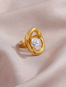 1枚时尚奢华不锈钢不对称几何立方氧化锆戒指，适合日常佩戴、派对、生日、订婚等场合。 - 金色 - 查看 10