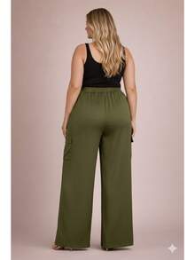 Women's Plus Size Tailored Cargo Pants With Wide Legs - Màu xanh lá cây đậm - Xem 3