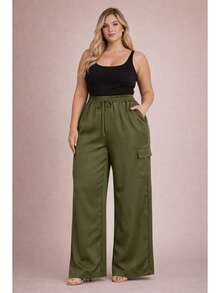 Women's Plus Size Tailored Cargo Pants With Wide Legs - Màu xanh lá cây đậm - Xem 1