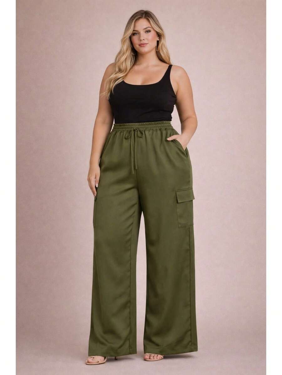 Women's Plus Size Tailored Cargo Pants With Wide Legs - Màu xanh lá cây đậm - Xem 1