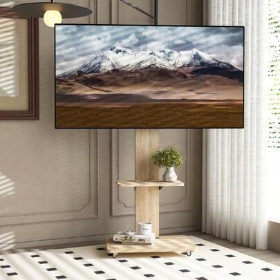 TV Stand With Storage Compartment, Mobile TV Cart For 32-75 Inch TVs, Height Adjustable TV Stand, Stand With Lockable Wheels, Natural Surface - W 60/D 40 Cm