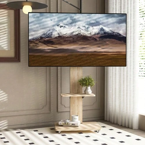 TV Stand With Storage Compartment, Mobile TV Cart For 32-75 Inch TVs, Height Adjustable TV Stand, Stand With Lockable Wheels, Natural Surface - W 60/D 40 Cm - 原木色 - 查看 1