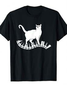 T-shirt amusant avec un chat pianiste pour les mélomanes - Haut unisexe en coton doux avec touches de piano et empreintes de pattes de chat, chemise décontractée à manches courtes et col rond, convient aux hommes et aux femmes, cadeau sur le thème de la musique pour un anniversaire/Noël/une fête (imprimé et expédié du Canada). - Noir - Voir 1