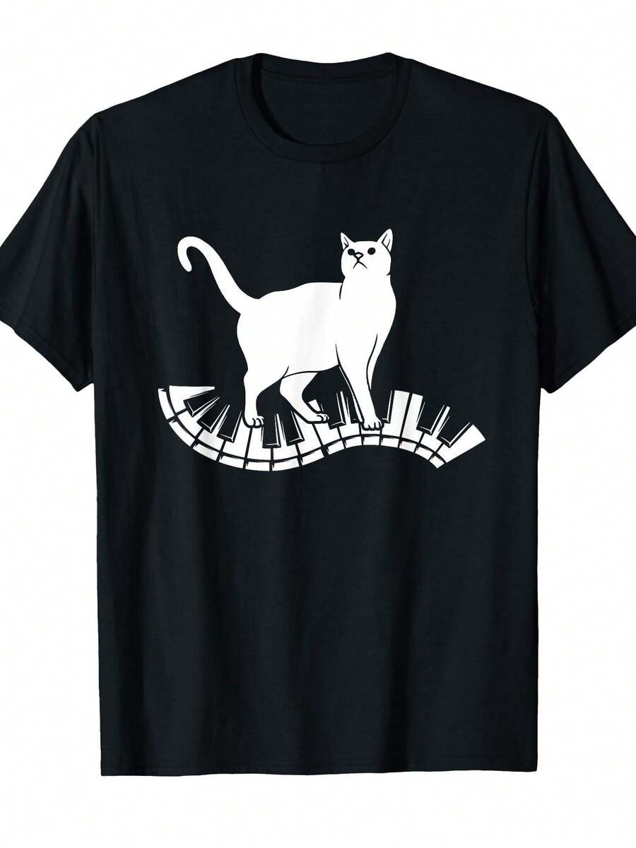 T-shirt amusant avec un chat pianiste pour les mélomanes - Haut unisexe en coton doux avec touches de piano et empreintes de pattes de chat, chemise décontractée à manches courtes et col rond, convient aux hommes et aux femmes, cadeau sur le thème de la musique pour un anniversaire/Noël/une fête (imprimé et expédié du Canada). - Noir - Voir 1