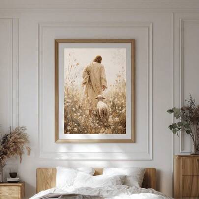 1幅无框耶稣与羔羊基督教墙画牧羊人宗教印刷帆布画，适用于房间装饰、宿舍必备、生日礼物和派对装饰、美观的房间装饰、墙面印刷品、大学宿舍必备、家居卧室装饰、信仰灵感礼物、独特的墙面装饰创意。