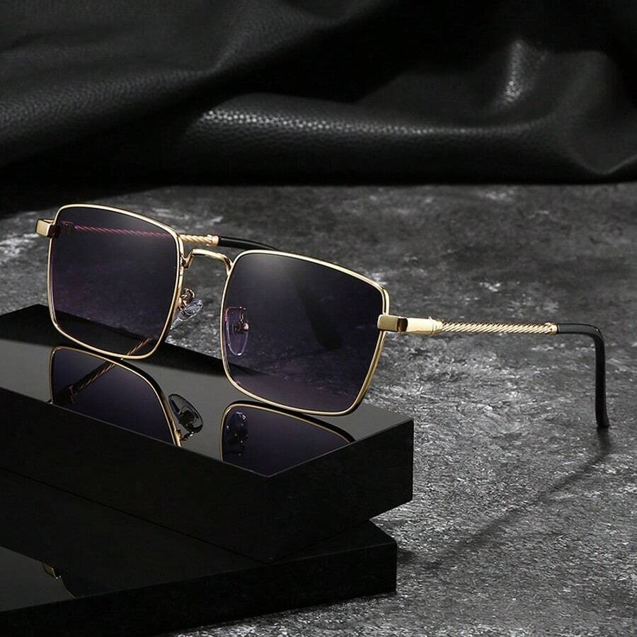 1副金色方形渐变眼镜，螺纹金属镜腿，奢华时尚复古港式风格，适合日常佩戴、商务出行、通勤、摄影等各种场合，四季皆宜，男士时尚眼镜 - 彩色 - 查看 1