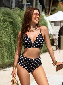 Bộ 2 món bikini đi biển nữ mới, họa tiết chấm bi, viền bèo nhún, kiểu dáng thanh lịch, thích hợp cho mùa hè. - màu đen - Xem 1