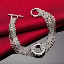 925纯银镀层多链圆环手链，男女皆宜，适合婚礼、订婚、派对等场合佩戴，时尚饰品 - 銀色 - 查看 3