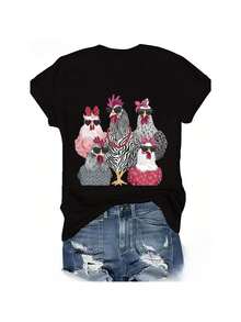 T-shirt casual girocollo, 100% cotone lavorato a maglia, motivo geometrico, maniche corte con stampa di pollo, ideale per ogni stagione. - nero - Visualizzare 1