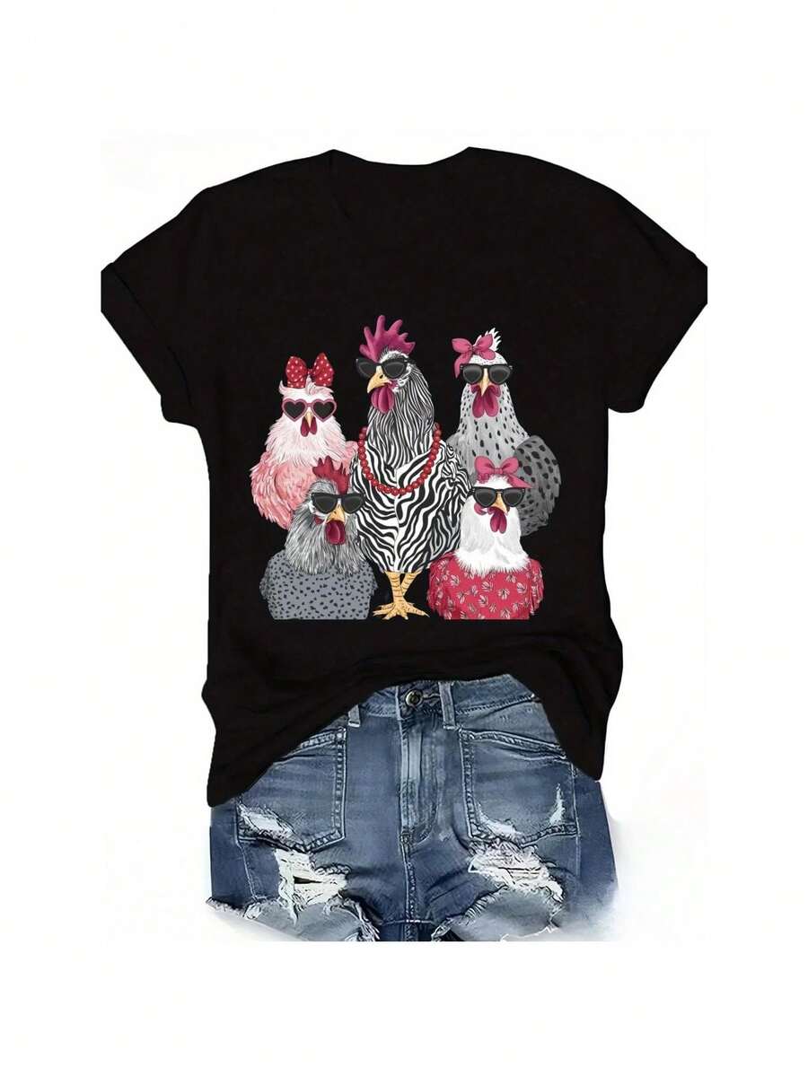 T-shirt casual girocollo, 100% cotone lavorato a maglia, motivo geometrico, maniche corte con stampa di pollo, ideale per ogni stagione. - nero - Visualizzare 1