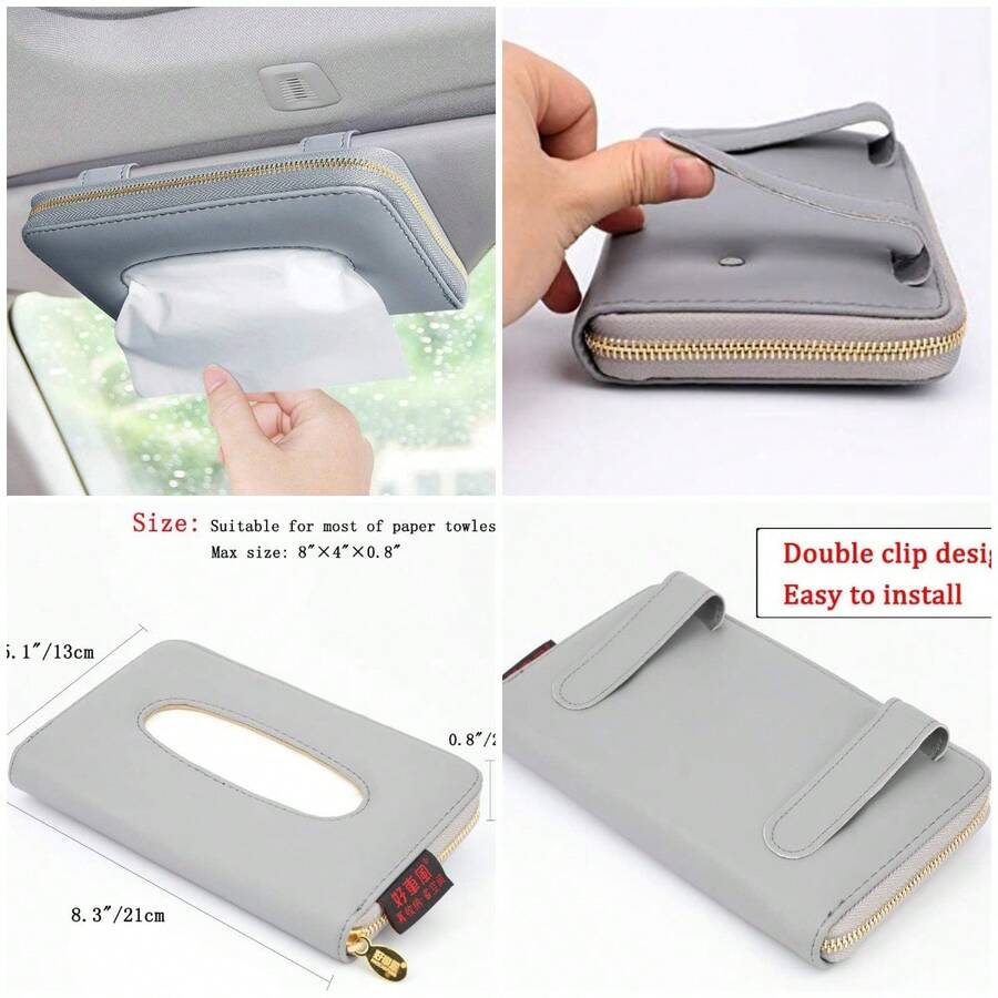 Fredyusu Soporte para pañuelos de Coche, Soporte para Caja de pañuelos, Funda de Piel de Primera Calidad con Cierre para Parasol - A - Ver 1